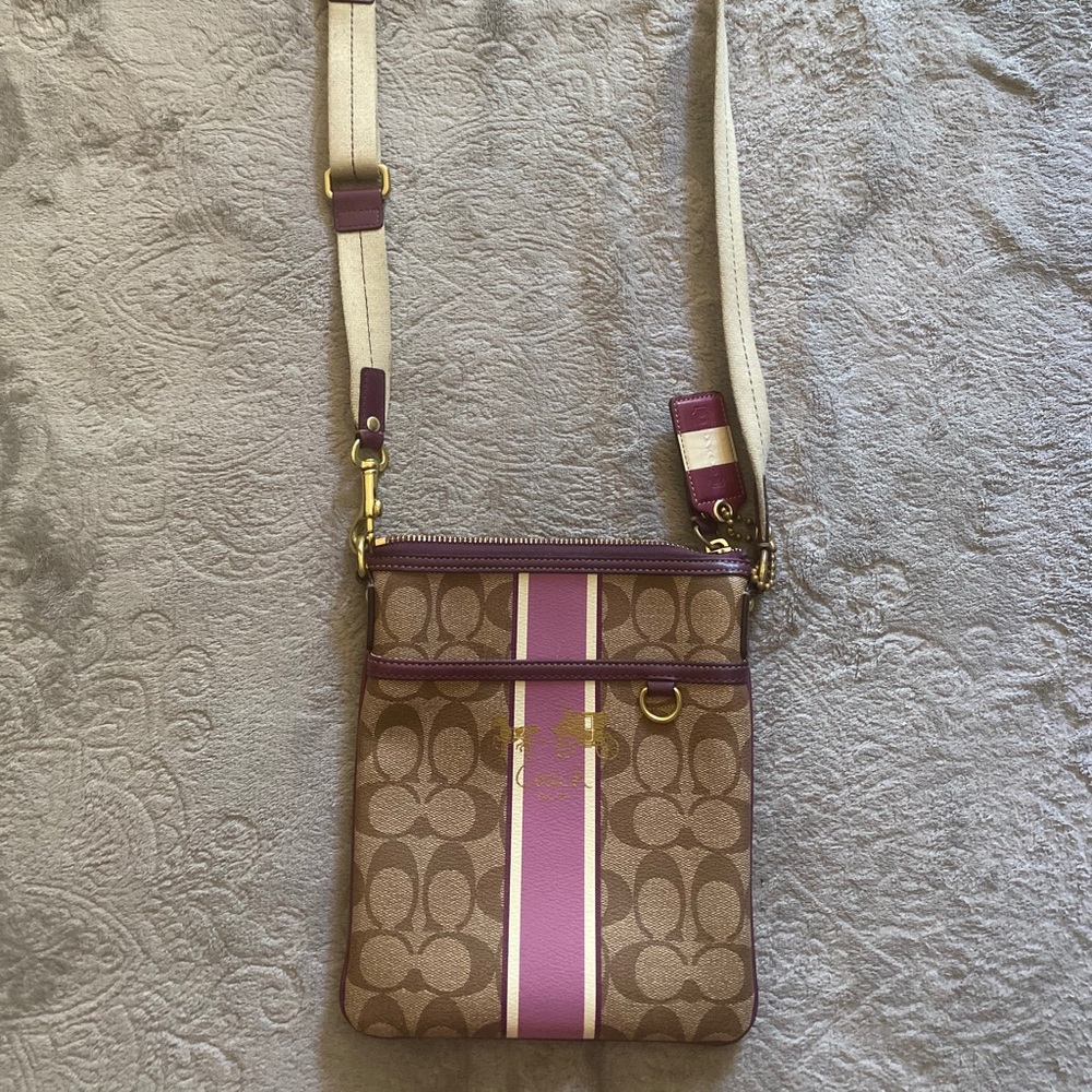 Tan and purple Coach crossbody